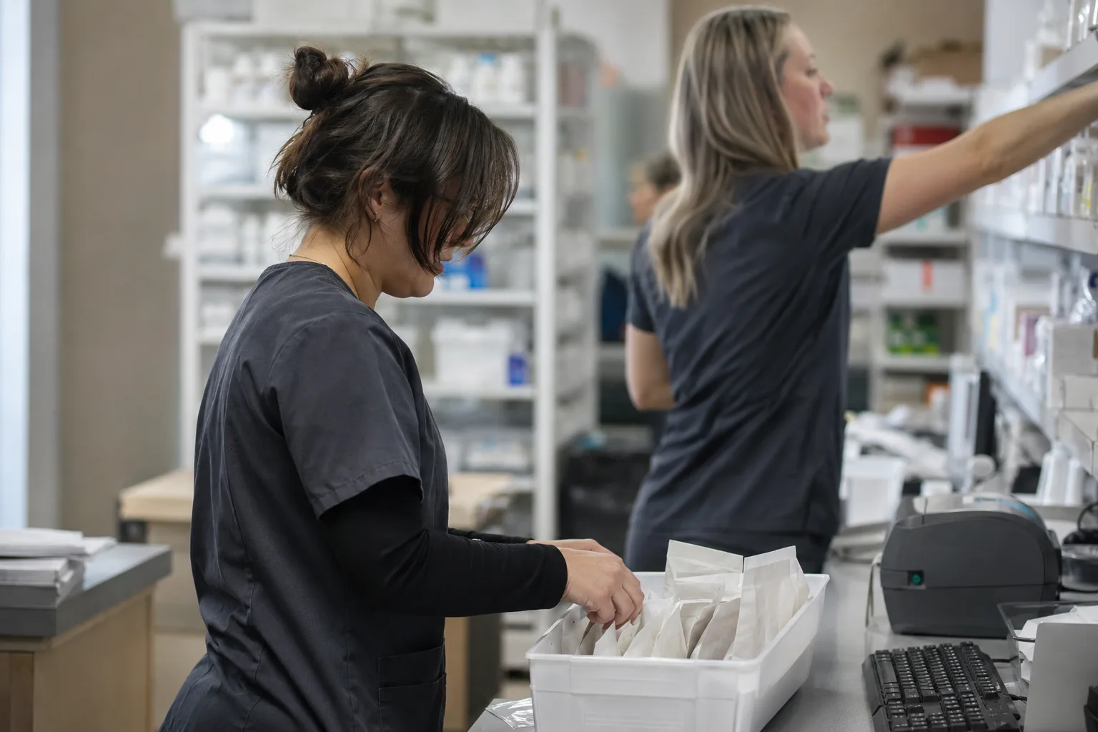 Two pharmacy staff at the back counter — one sorts filled prescription bags in a tray while the other reaches up to a shelf